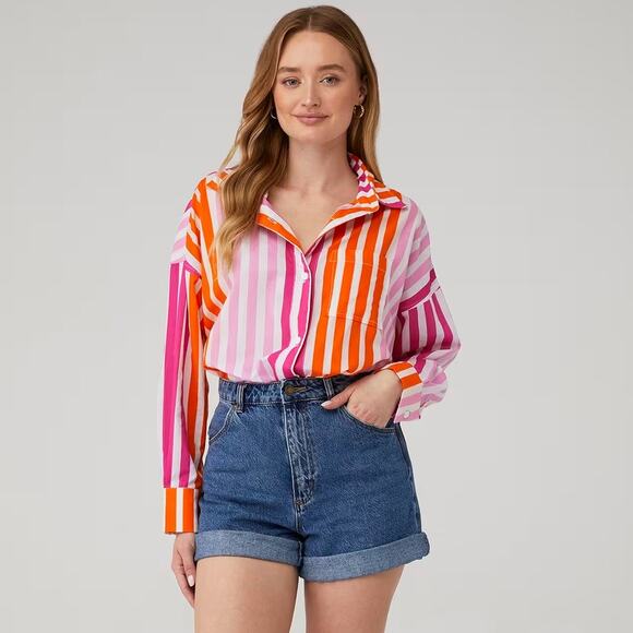 Beach Riot Sunset Stripes Alexa Button Down Cotton Swim Cover Up Top S/M - Picture 2 of 10